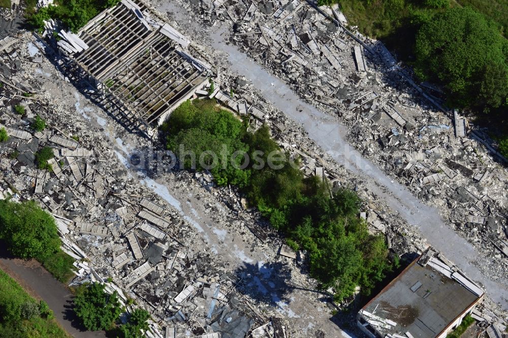 Schönow from above - Rubble remains of the demolished building ruins of former NVA of the GDR properties at Schoenow in Brandenburg