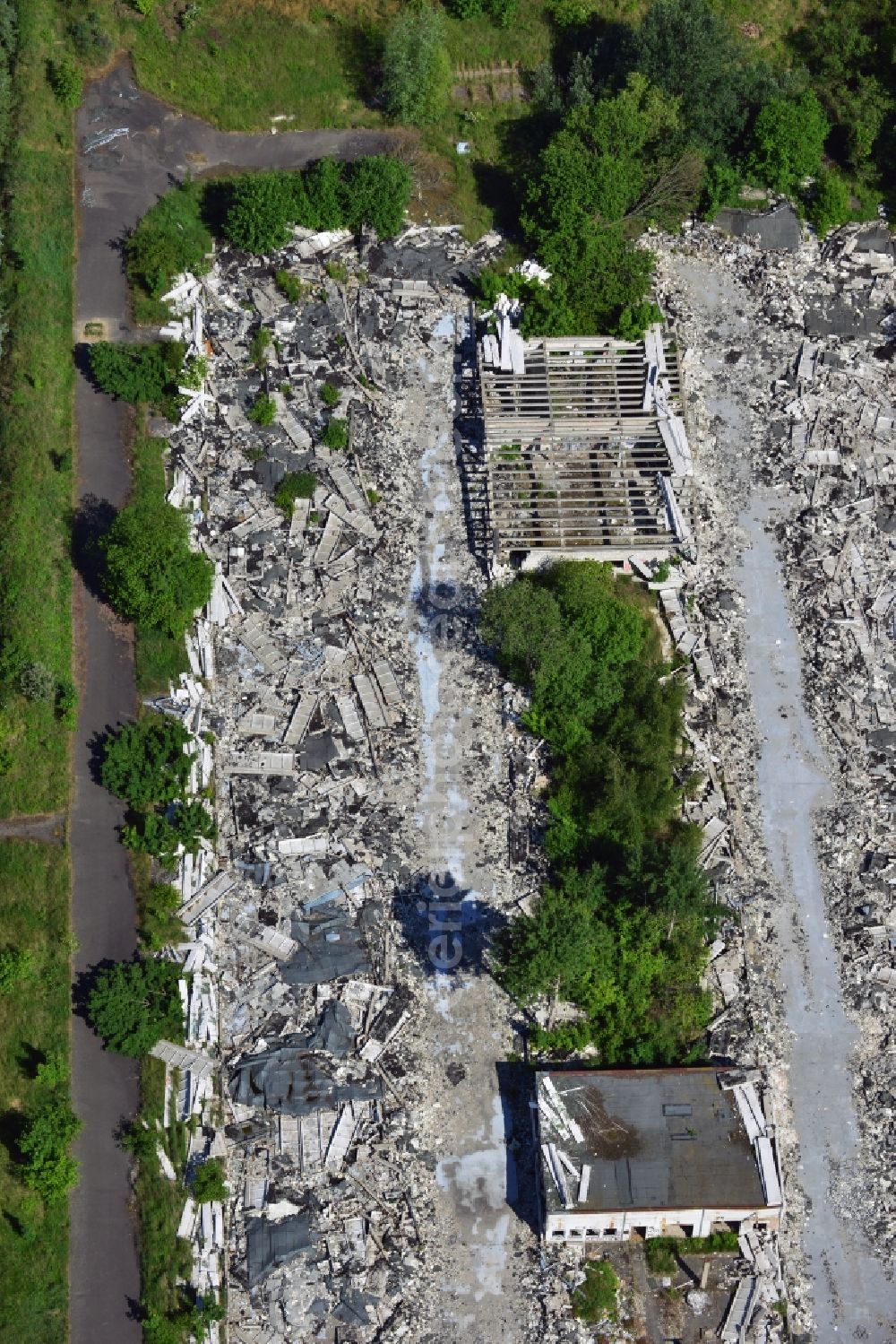 Aerial image Schönow - Rubble remains of the demolished building ruins of former NVA of the GDR properties at Schoenow in Brandenburg