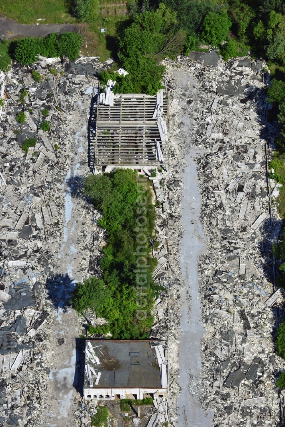 Schönow from above - Rubble remains of the demolished building ruins of former NVA of the GDR properties at Schoenow in Brandenburg