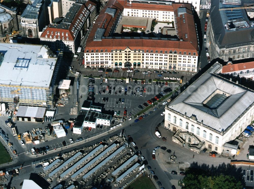 Aerial photograph Dresden - Debris shelves and storage space of the reconstructed church Frauenkirche at Neumarkt in the historic center in Dresden in Saxony