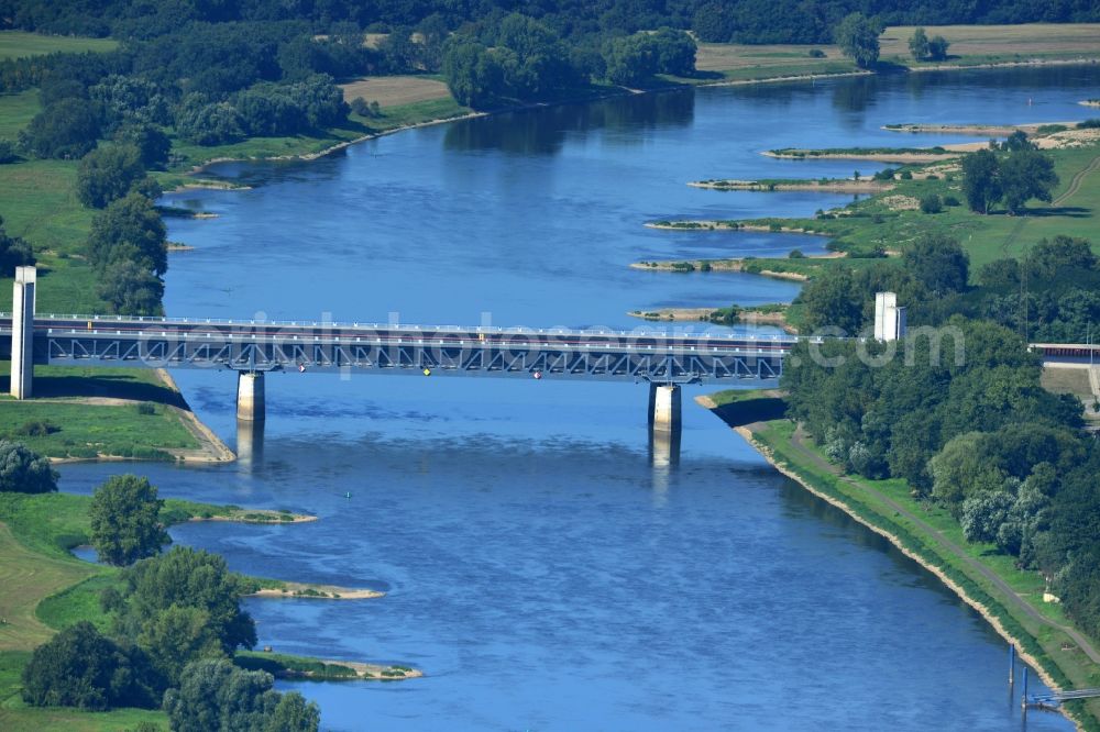 Hohenwarthe from above - Trough bridge from the Mittelland Canal over the River Elbe to the Elbe-Havel Canal to the waterway intersection with MD Hohenwarthe in Saxony-Anhalt