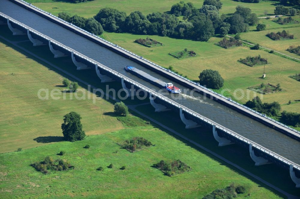 Hohenwarthe from above - Trough bridge from the Mittelland Canal over the River Elbe to the Elbe-Havel Canal to the waterway intersection with MD Hohenwarthe in Saxony-Anhalt