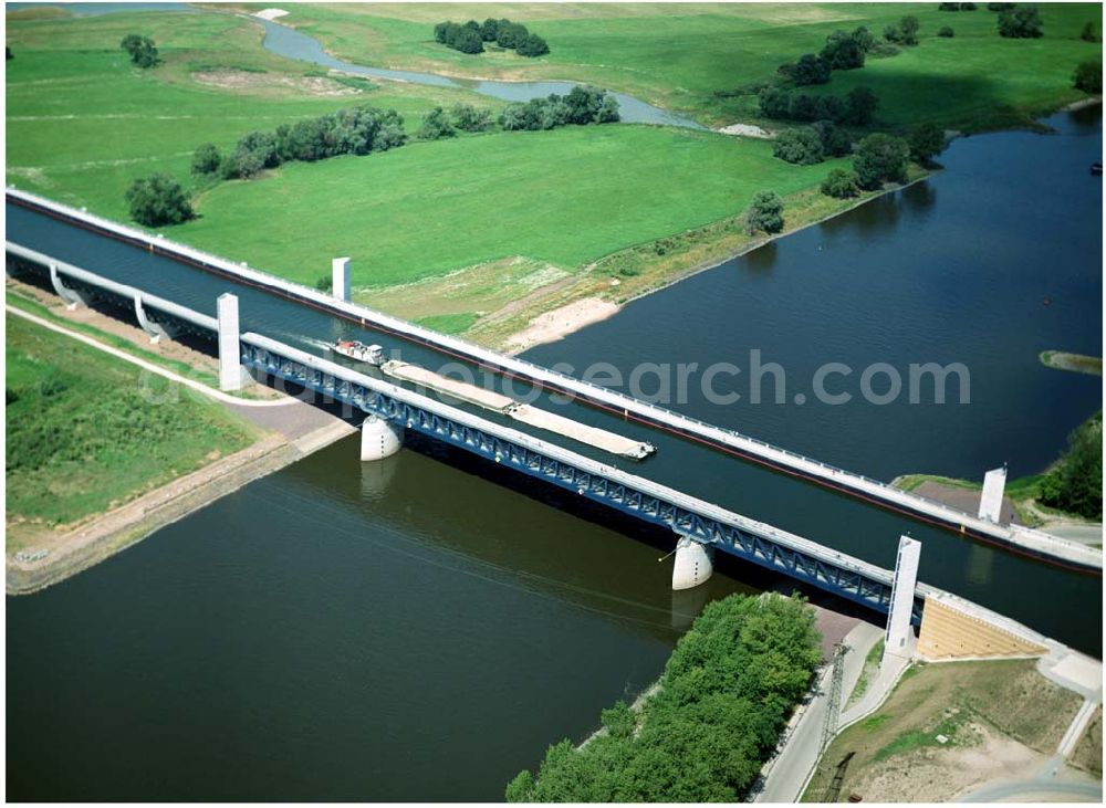 Hohenwarthe from above - Trough bridge from the Mittelland Canal over the River Elbe to the Elbe-Havel Canal to the waterway intersection with MD Hohenwarthe in Saxony-Anhalt