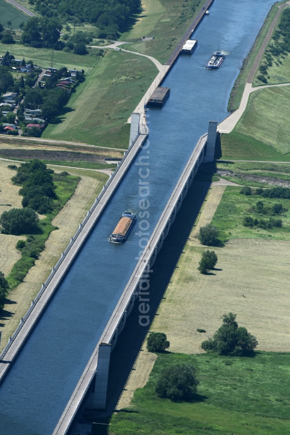 Hohenwarthe from above - Trough bridge from the Mittelland Canal over the River Elbe to the Elbe-Havel Canal to the waterway intersection in Hohenwarthe in Saxony-Anhalt