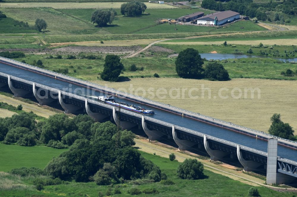 Hohenwarthe from above - Trough bridge from the Mittelland Canal over the River Elbe to the Elbe-Havel Canal to the waterway intersection in Hohenwarthe in Saxony-Anhalt