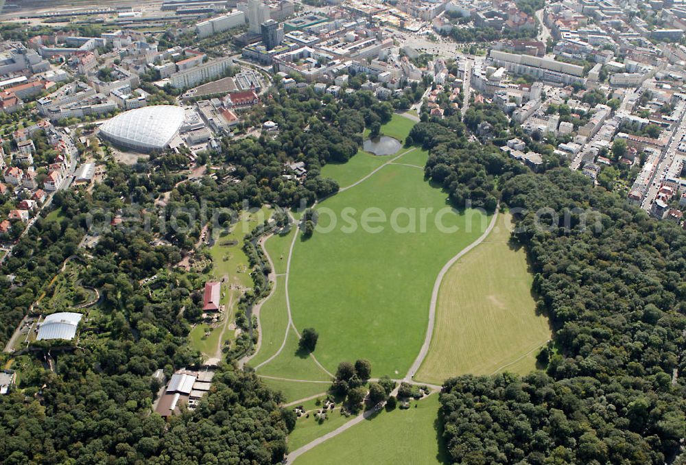 Aerial image Leipzig - Blick auf den Neubau der Riesentropenhalle Gondwanaland im Zoo Leipzig. In der Erlebniswelt wird die Urzeit lebendig als Afrika, Südamerika und Teile Asiens noch eine gemeinsame Landmasse bildeten. Die Eröffnung ist für 2011 geplant. View of the new construction of the giant tropical hall Gondwanaland in the Leipzig Zoo. The opening is planned for 2011.