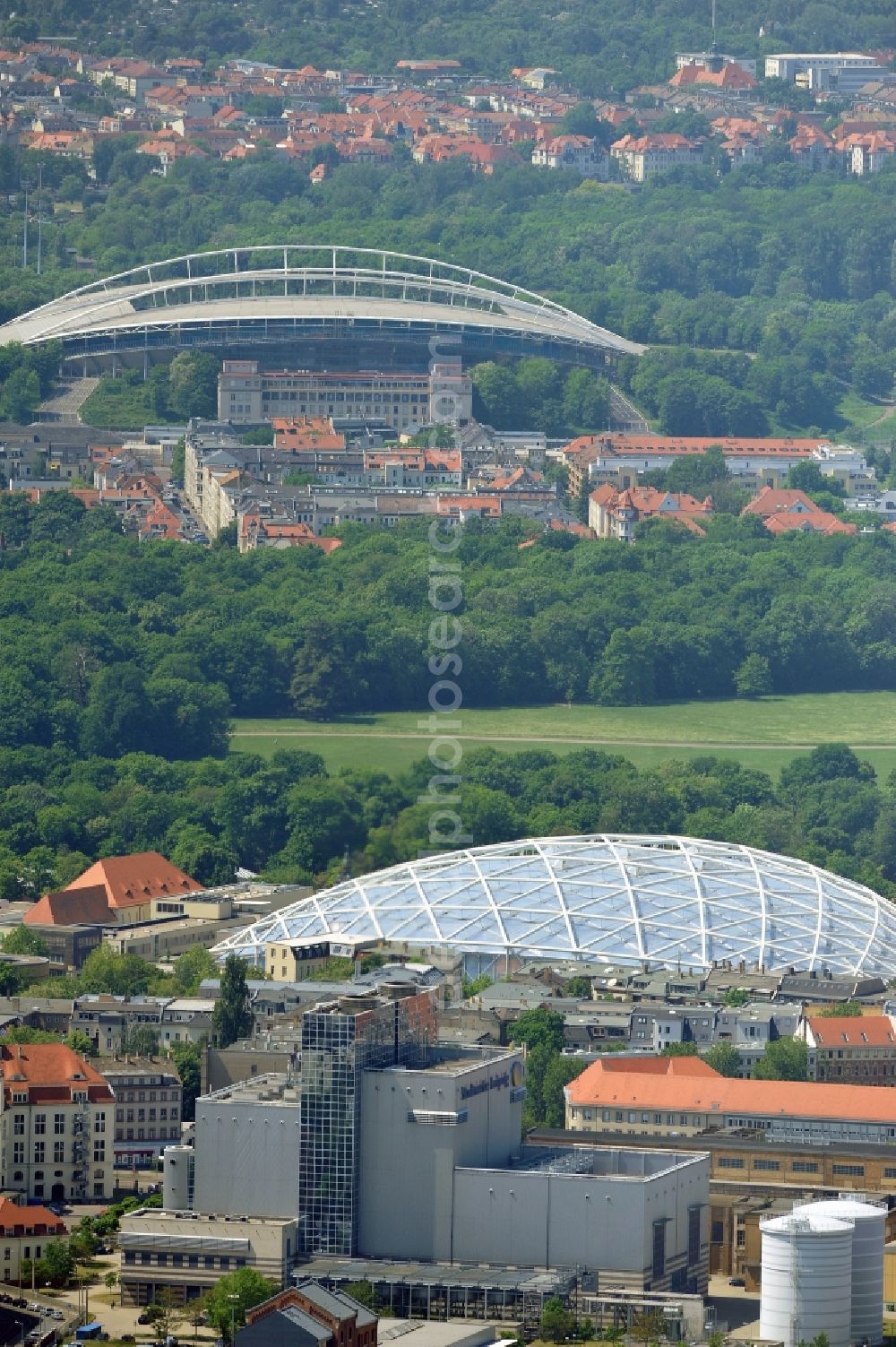 Leipzig from above - View of the new construction of the giant tropical hall Gondwanaland in the Leipzig Zoo