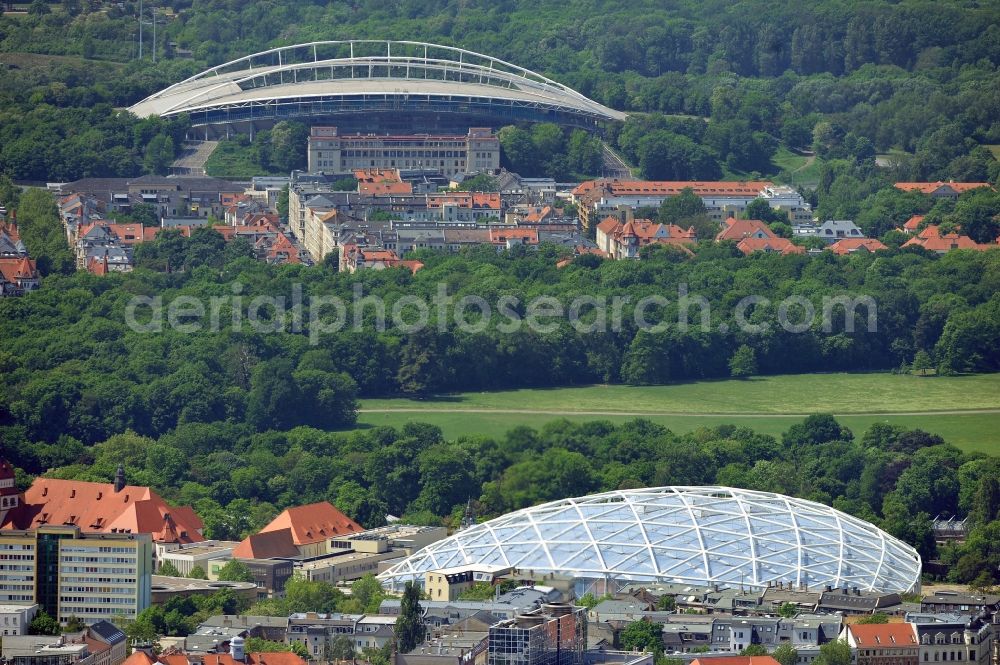 Leipzig from the bird's eye view: View of the new construction of the giant tropical hall Gondwanaland in the Leipzig Zoo