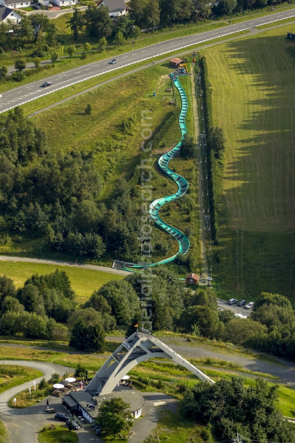 Aerial photograph Winterberg - The course of the Tubing Bahn and the St. Georg ski-jump in the state North Rhine-Westphalia