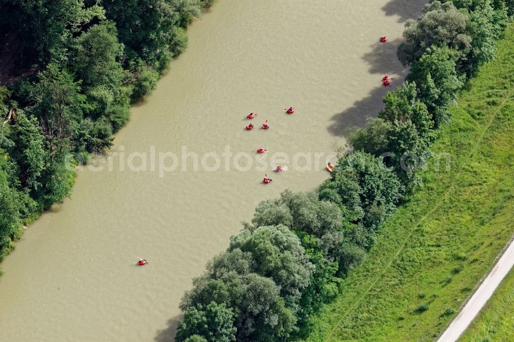 Pullach im Isartal from the bird's eye view: Tubin on the Isar in Pullach im Isartal in the state Bavaria, Germany