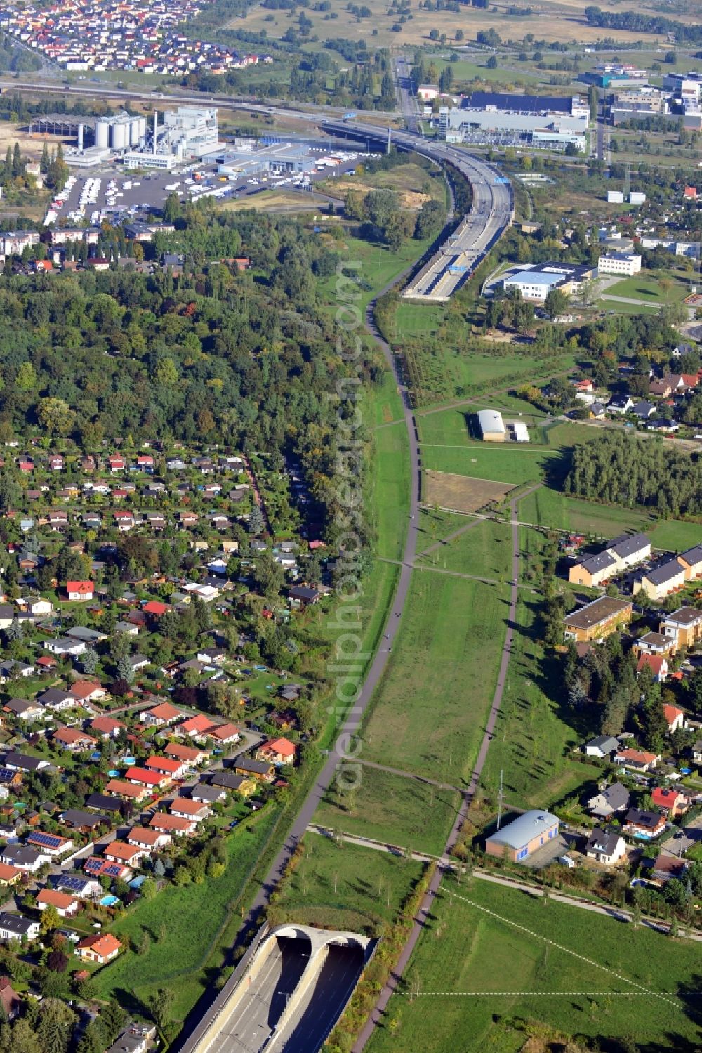 Berlin from above - View of the Tunnel Rudower Hoehe of the federal Autobahn A113 and Europastrasse 36 in Berlin - Neukoelln. Located along the course of the autobahn is the event venue Kraftwerk Berlin in a decommissioned combined heat and power station at Koepenicker Strasse