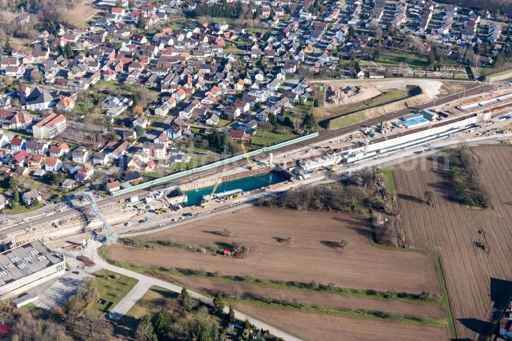 Rastatt from the bird's eye view: Construtcion work on a rail tunnel track in the route network of the Deutsche Bahn in Rastatt in the state Baden-Wurttemberg, Germany