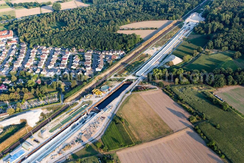 Aerial image Rastatt - Construtcion work on a rail tunnel track in the route network of the Deutsche Bahn in Rastatt in the state Baden-Wurttemberg, Germany