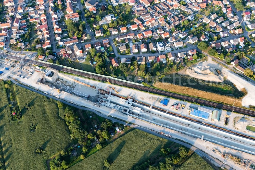 Aerial photograph Rastatt - Construtcion work on a rail tunnel track in the route network of the Deutsche Bahn in Rastatt in the state Baden-Wurttemberg, Germany