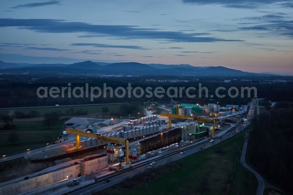 Aerial image Ötigheim - Construtcion work on a rail tunnel track in the route network of the Deutsche Bahn in Rastatt in the state Baden-Wurttemberg, Germany