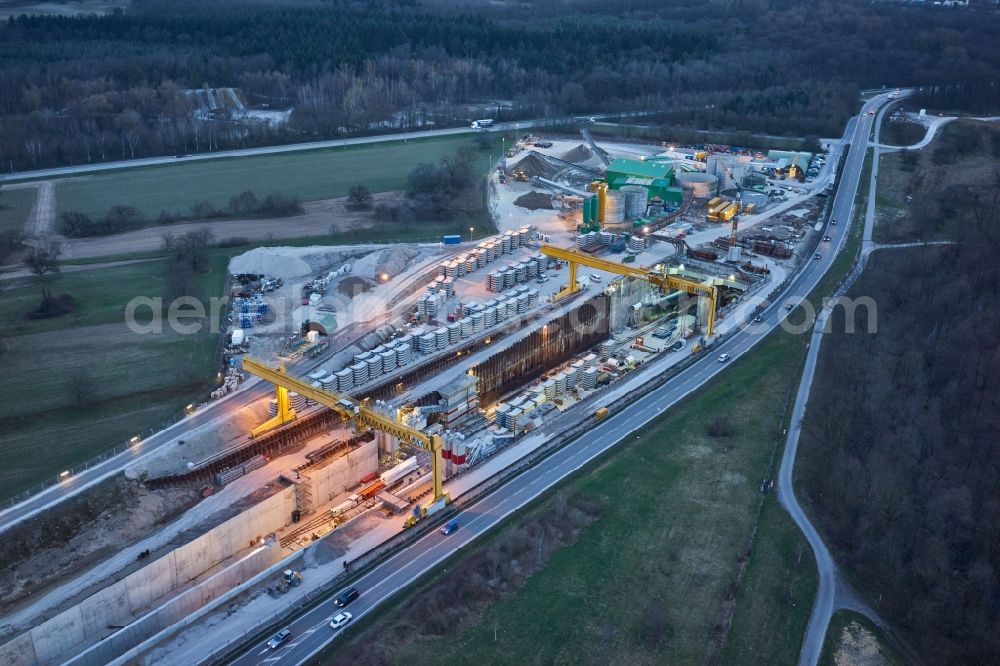 Aerial photograph Ötigheim - Construtcion work on a rail tunnel track in the route network of the Deutsche Bahn in Rastatt in the state Baden-Wurttemberg, Germany