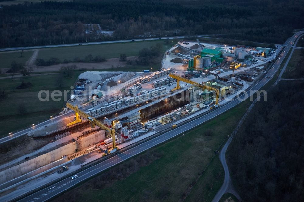 Ötigheim from above - Construtcion work on a rail tunnel track in the route network of the Deutsche Bahn in Rastatt in the state Baden-Wurttemberg, Germany