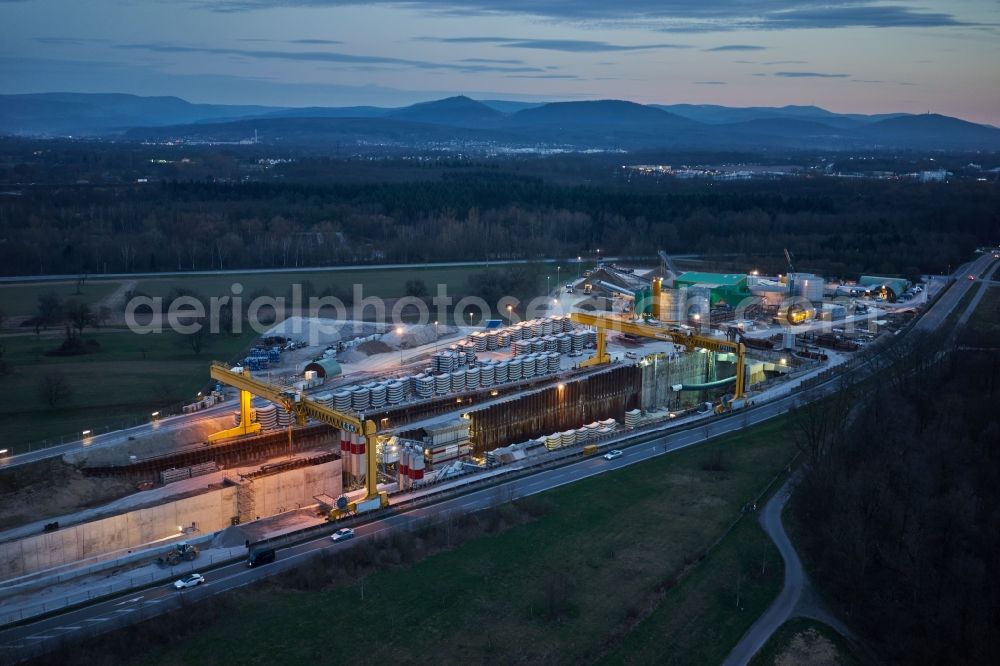 Ötigheim from the bird's eye view: Construtcion work on a rail tunnel track in the route network of the Deutsche Bahn in Rastatt in the state Baden-Wurttemberg, Germany