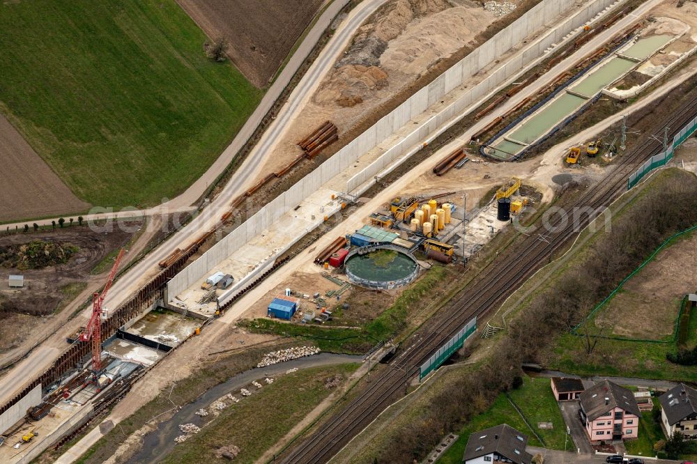 Rastatt from the bird's eye view: Construtcion work on a rail tunnel track in the route network of the Deutsche Bahn in Rastatt in the state Baden-Wurttemberg, Germany