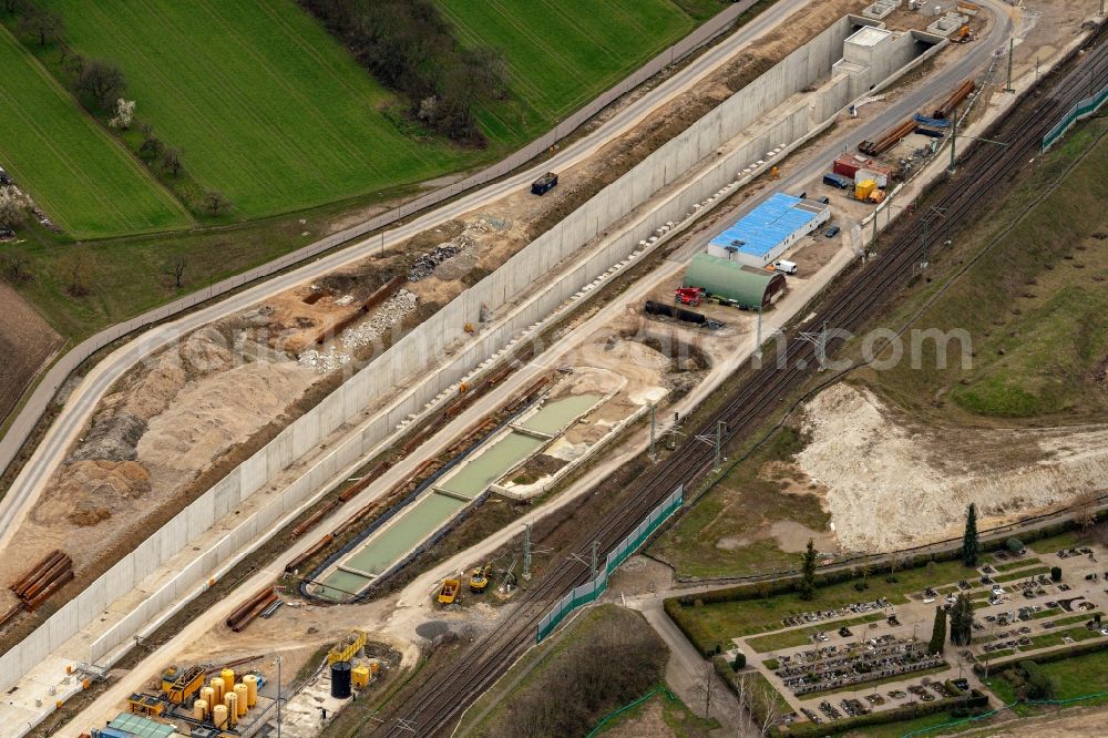 Aerial image Rastatt - Construtcion work on a rail tunnel track in the route network of the Deutsche Bahn in Rastatt in the state Baden-Wurttemberg, Germany