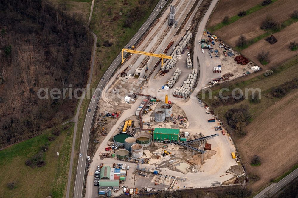 Aerial image Ötigheim - Construtcion work on a rail tunnel track in the route network of the Deutsche Bahn in Oetigheim in the state Baden-Wurttemberg, Germany