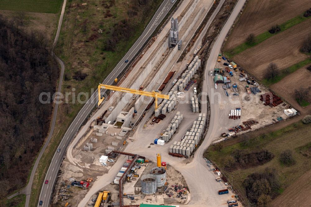 Aerial photograph Ötigheim - Construtcion work on a rail tunnel track in the route network of the Deutsche Bahn in Oetigheim in the state Baden-Wurttemberg, Germany