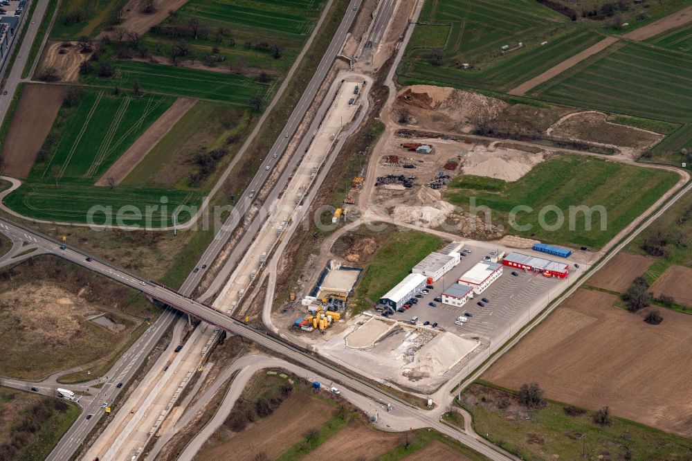 Ötigheim from the bird's eye view: Construtcion work on a rail tunnel track in the route network of the Deutsche Bahn in Oetigheim in the state Baden-Wurttemberg, Germany