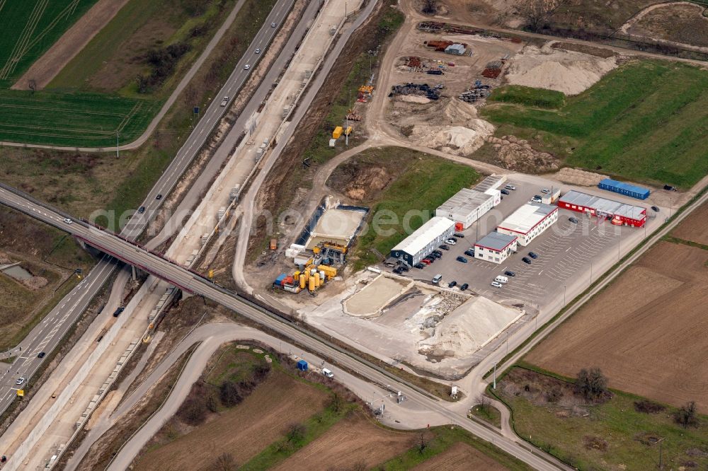 Aerial image Ötigheim - Construtcion work on a rail tunnel track in the route network of the Deutsche Bahn in Oetigheim in the state Baden-Wurttemberg, Germany