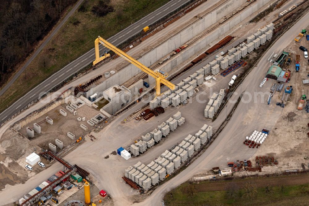Ötigheim from above - Construtcion work on a rail tunnel track in the route network of the Deutsche Bahn in Oetigheim in the state Baden-Wurttemberg, Germany