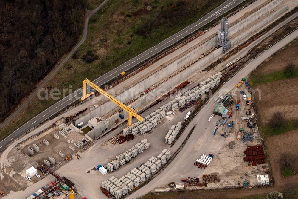 Ötigheim from the bird's eye view: Construtcion work on a rail tunnel track in the route network of the Deutsche Bahn in Oetigheim in the state Baden-Wurttemberg, Germany