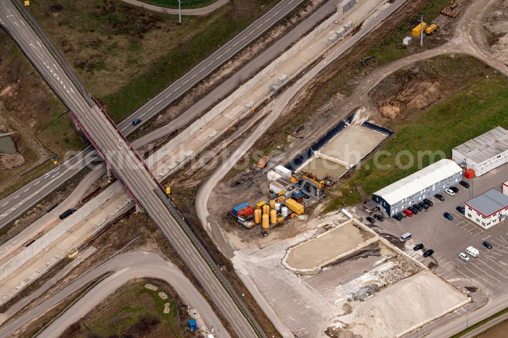 Aerial image Ötigheim - Construtcion work on a rail tunnel track in the route network of the Deutsche Bahn in Oetigheim in the state Baden-Wurttemberg, Germany