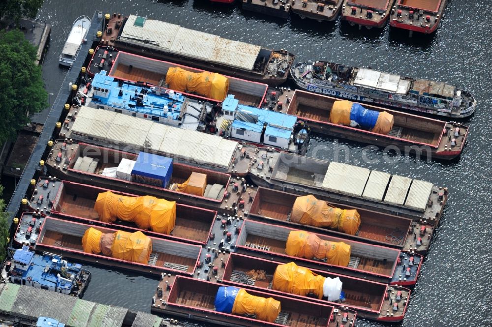 Berlin from above - View of the inland waterway transshipment point Rummelsburg in Berlin Rummelsburg. Great product charges such as mega-turbines for power plants here are loaded and shipped by barge