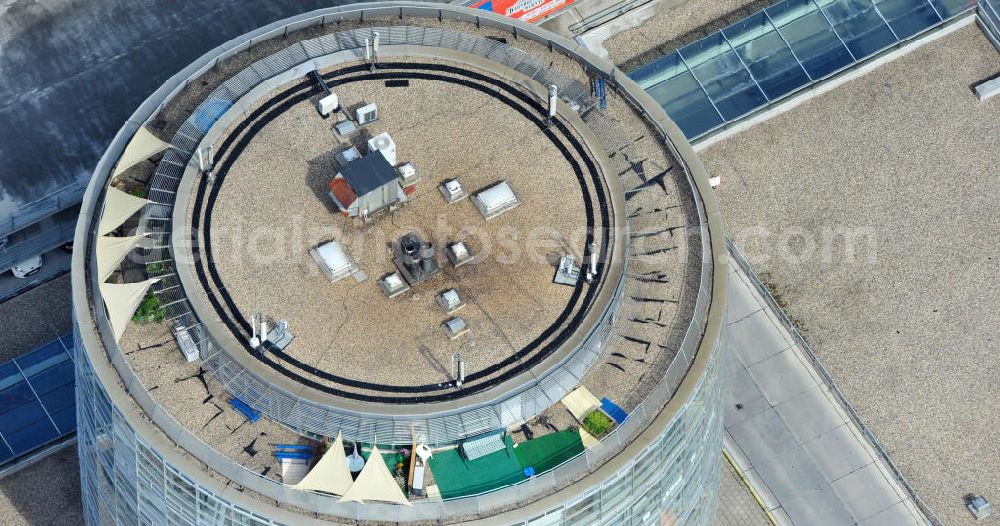 Bernau from above - Blick auf den Turm der Bahnhofspassagen der Peter Fritz Immobilien GbR mbH in Bernau. View of the tower of the station passages in Bernau.