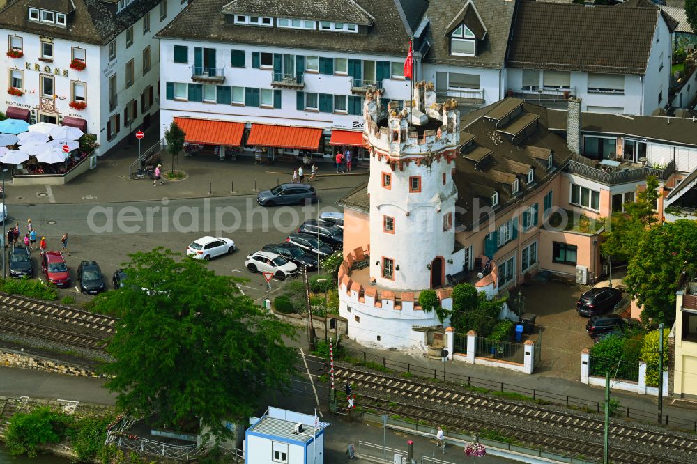 Aerial image Rüdesheim am Rhein - Tower building Adlerturm the rest of the former historic city walls on street Rheinstrasse in Ruedesheim am Rhein in the state Hesse, Germany