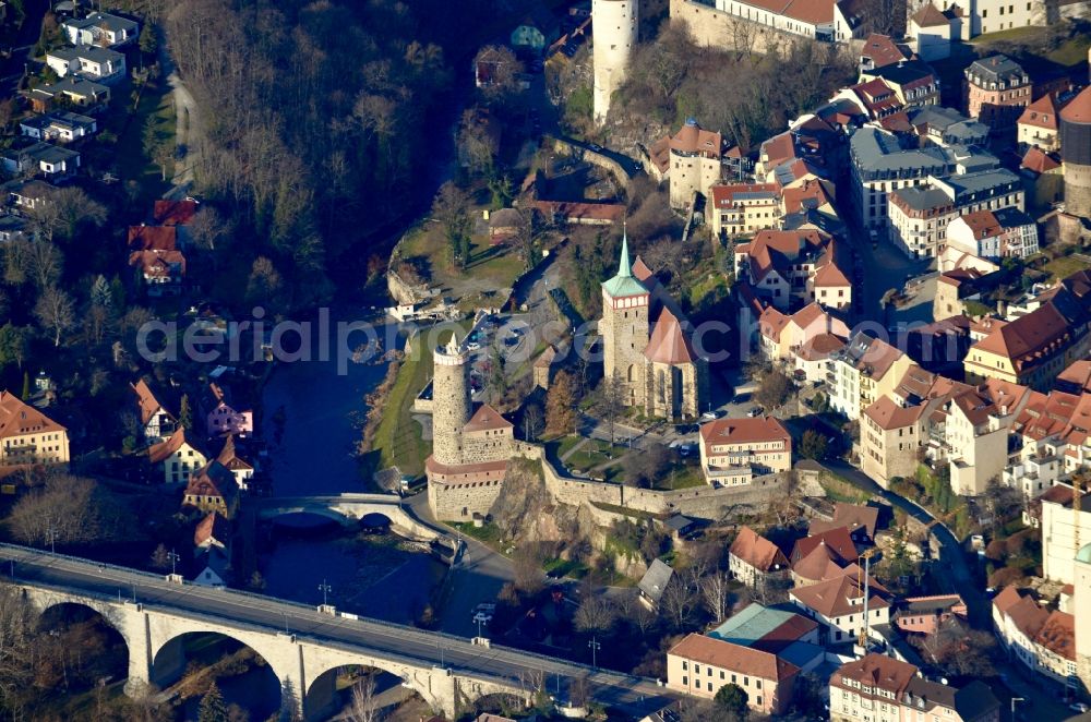 Bautzen from above - Tower building Alte Wasserkunst the rest of the former historic city walls in Bautzen in the state Saxony, Germany