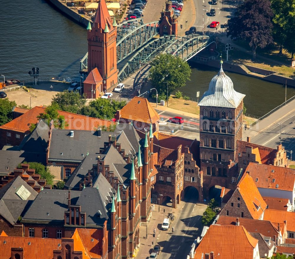 Aerial image Lübeck - Tower building Burgtor Grosse Burgstrasse the rest of the former historic city walls in Luebeck in the state Schleswig-Holstein