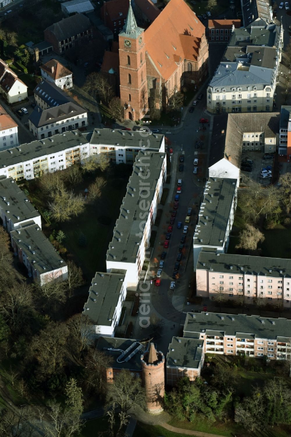 Aerial photograph Bernau - Tower building along the road to Protestant church St. Marien in Bernau bei Berlin in the state Brandenburg