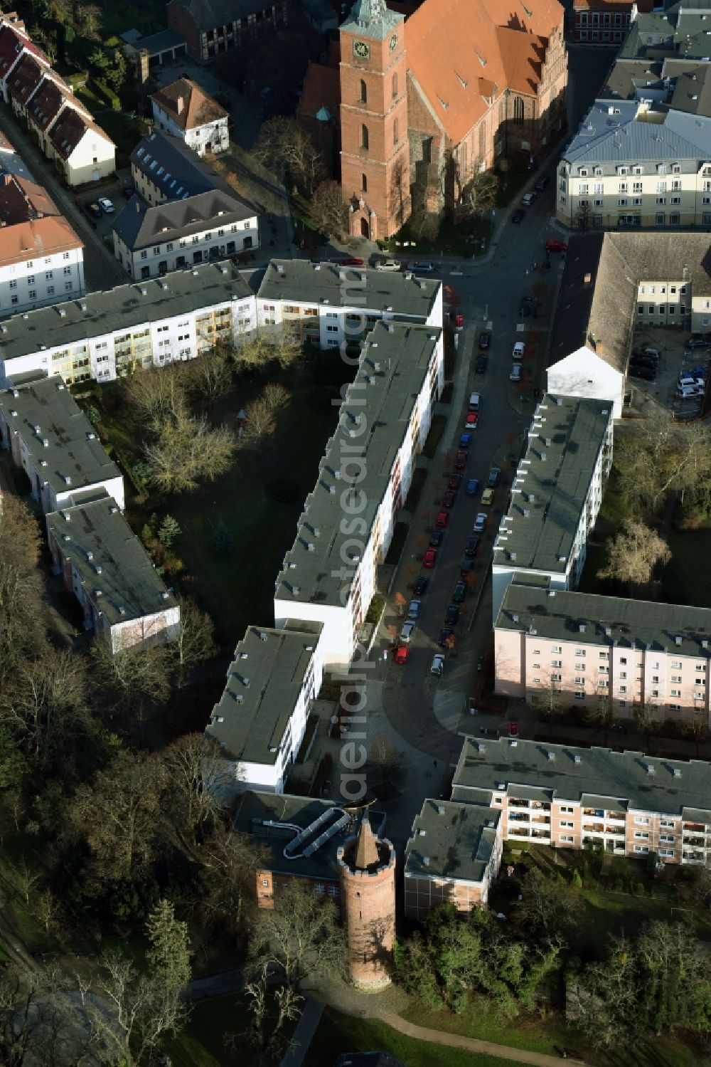 Bernau from above - Tower building along the road to Protestant church St. Marien in Bernau bei Berlin in the state Brandenburg