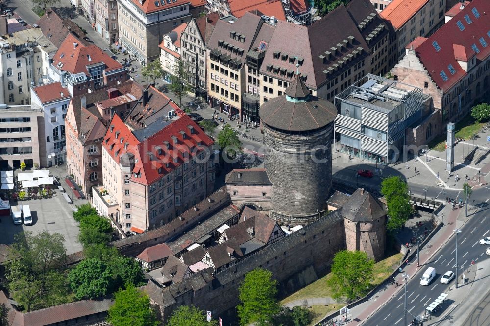 Nürnberg from the bird's eye view: Tower building Frauentorturm on Koenigstrasse the rest of the former historic city walls in Nuremberg in the state Bavaria, Germany