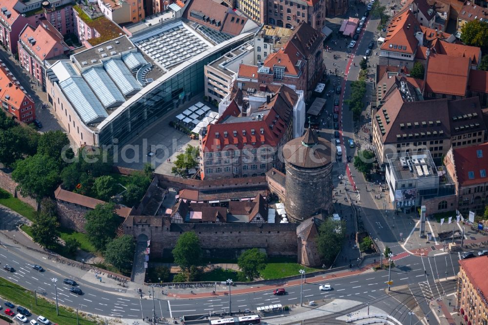 Aerial image Nürnberg - Tower building Frauentorturm on Koenigstrasse the rest of the former historic city walls in Nuremberg in the state Bavaria, Germany