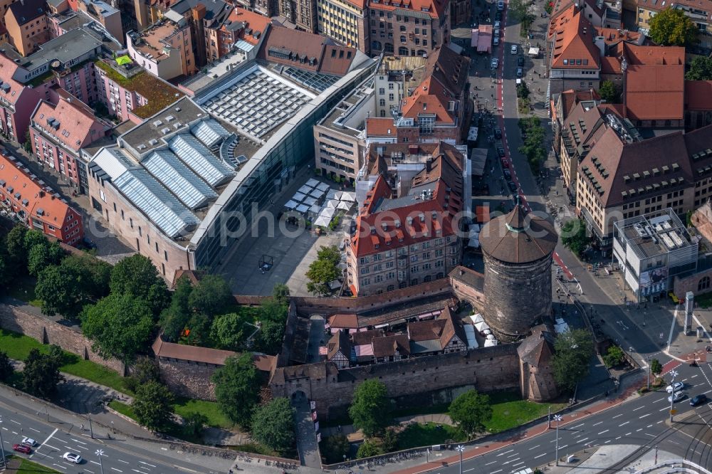 Nürnberg from above - Tower building Frauentorturm on Koenigstrasse the rest of the former historic city walls in Nuremberg in the state Bavaria, Germany