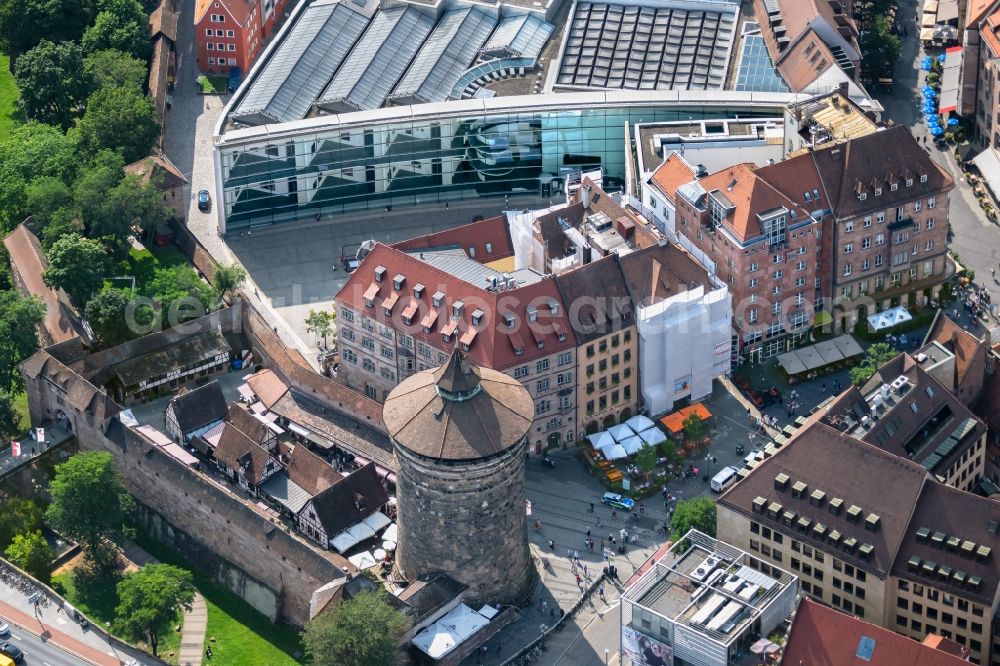 Nürnberg from the bird's eye view: Tower building Frauentorturm on Koenigstrasse the rest of the former historic city walls in Nuremberg in the state Bavaria, Germany