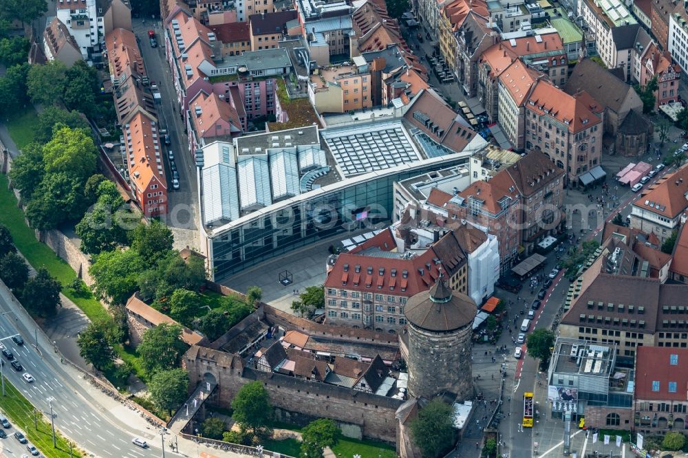 Aerial image Nürnberg - Tower building Frauentorturm on Koenigstrasse the rest of the former historic city walls in Nuremberg in the state Bavaria, Germany