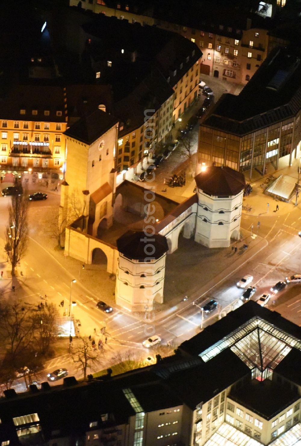 Aerial image München - Night view Tower building Isartor on Isartorplatz the rest of the former historic city walls in Munich in the state Bavaria