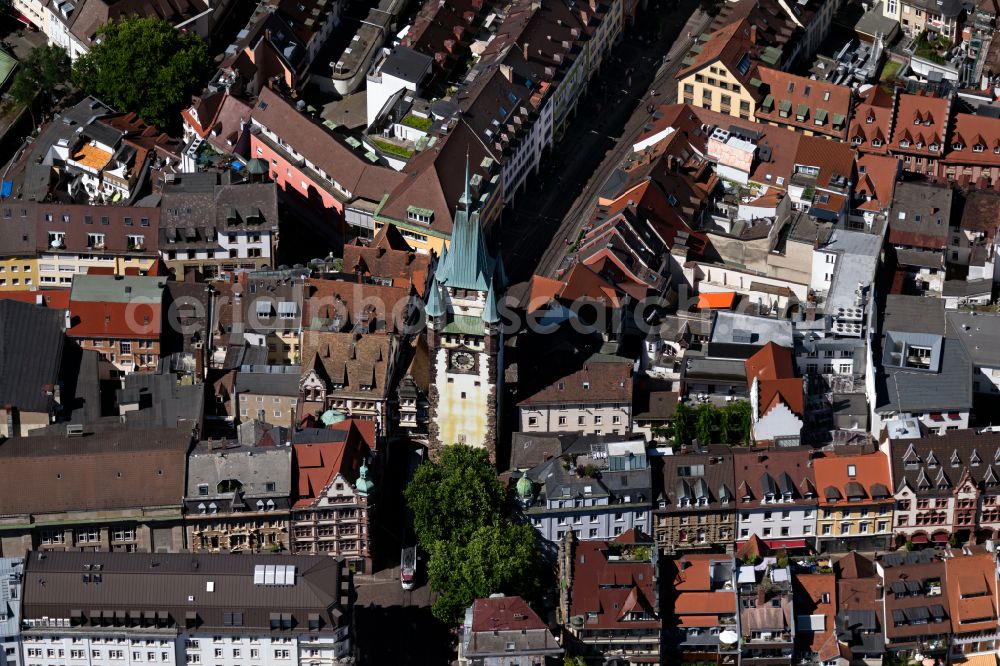 Aerial image Freiburg im Breisgau - Tower building Martinstor at the former historic city walls in Freiburg im Breisgau in the state Baden-Wurttemberg, Germany