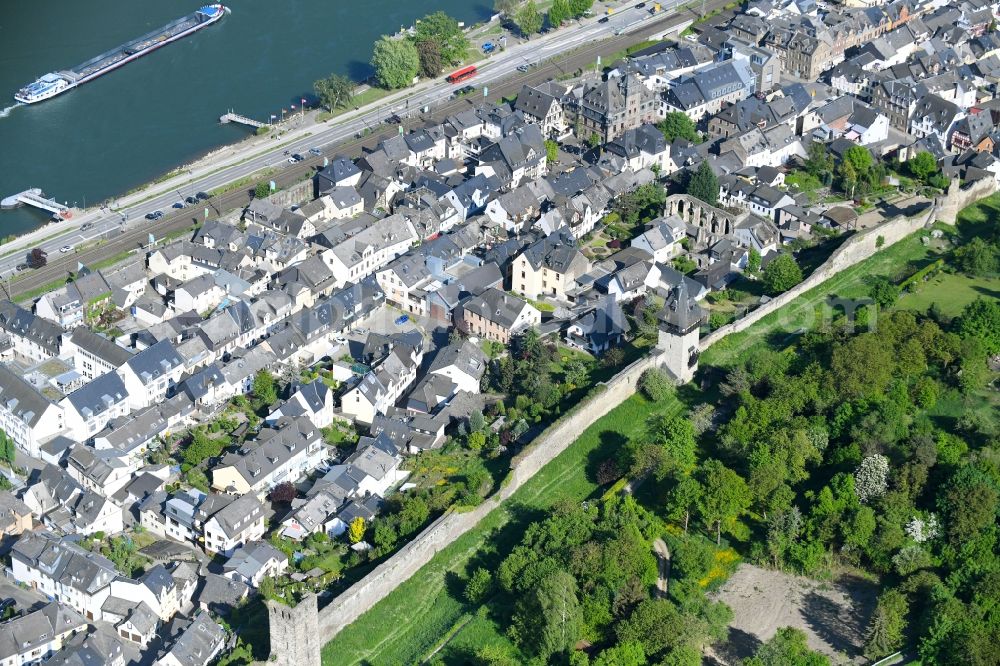 Oberwesel from above - Tower building rest of the former historic city walls in Oberwesel in the state Rhineland-Palatinate, Germany