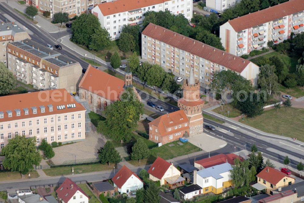 Prenzlau from above - Tower building and the rest of the former historic city walls in Prenzlau in the state Brandenburg