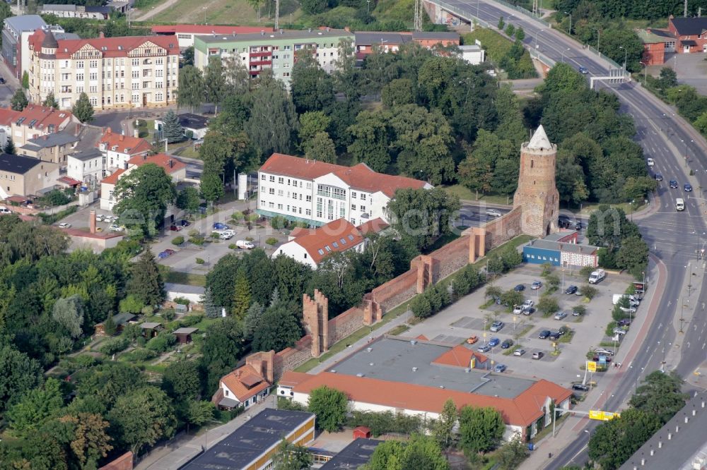 Prenzlau from the bird's eye view: Tower building and the rest of the former historic city walls in Prenzlau in the state Brandenburg