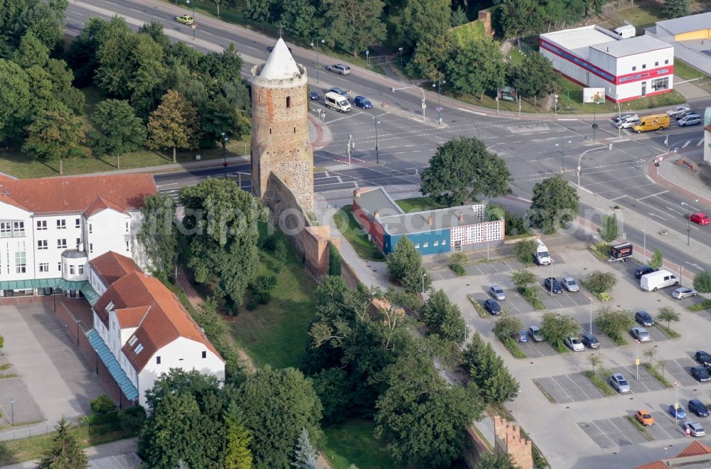 Aerial image Prenzlau - Tower building and the rest of the former historic city walls in Prenzlau in the state Brandenburg