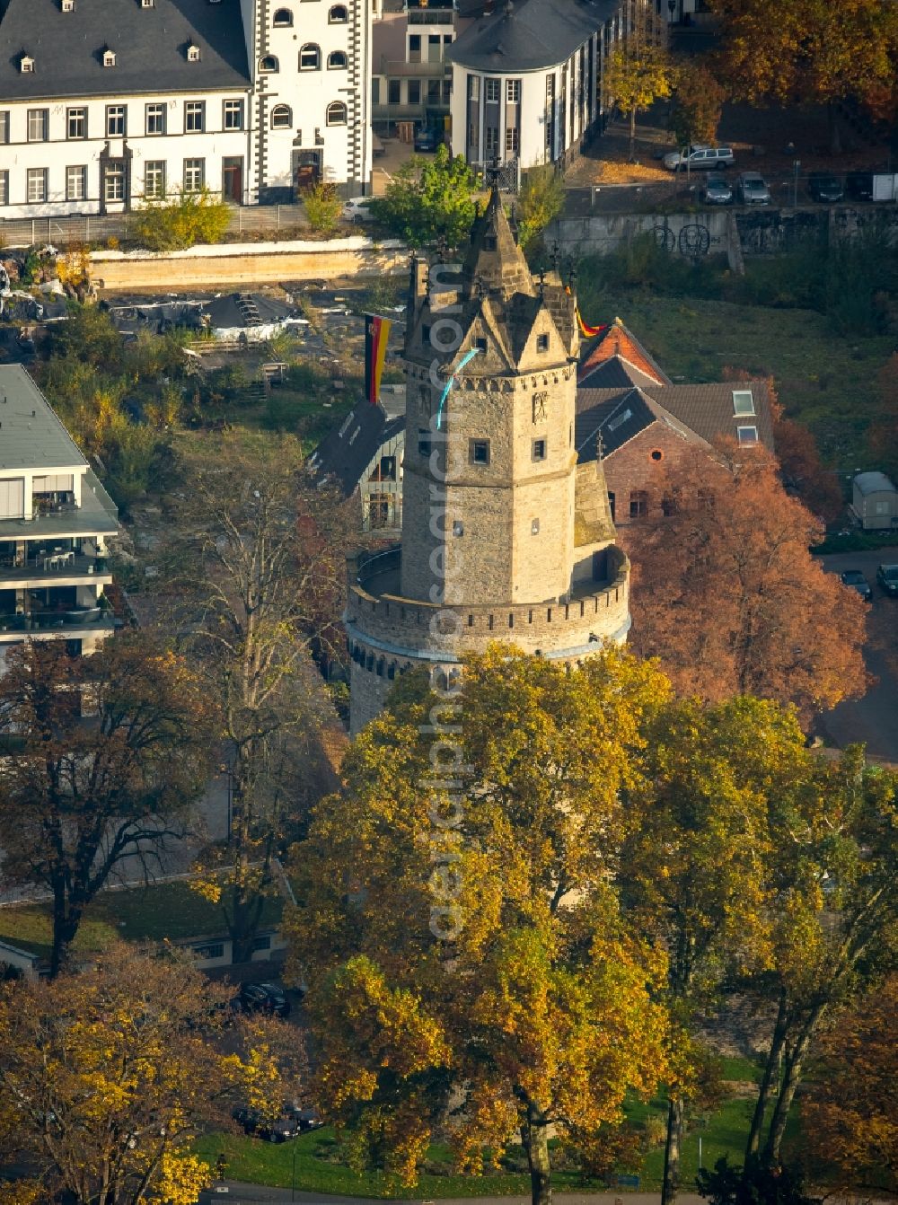 Aerial image Andernach - Tower building Runder Turm the rest of the former historic city walls in Andernach in the state Rhineland-Palatinate